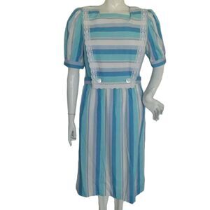 LESLIE FAY Vintage Dress, M, Blue Striped, Lace Bib, Belt, Puffy Short Sleeves